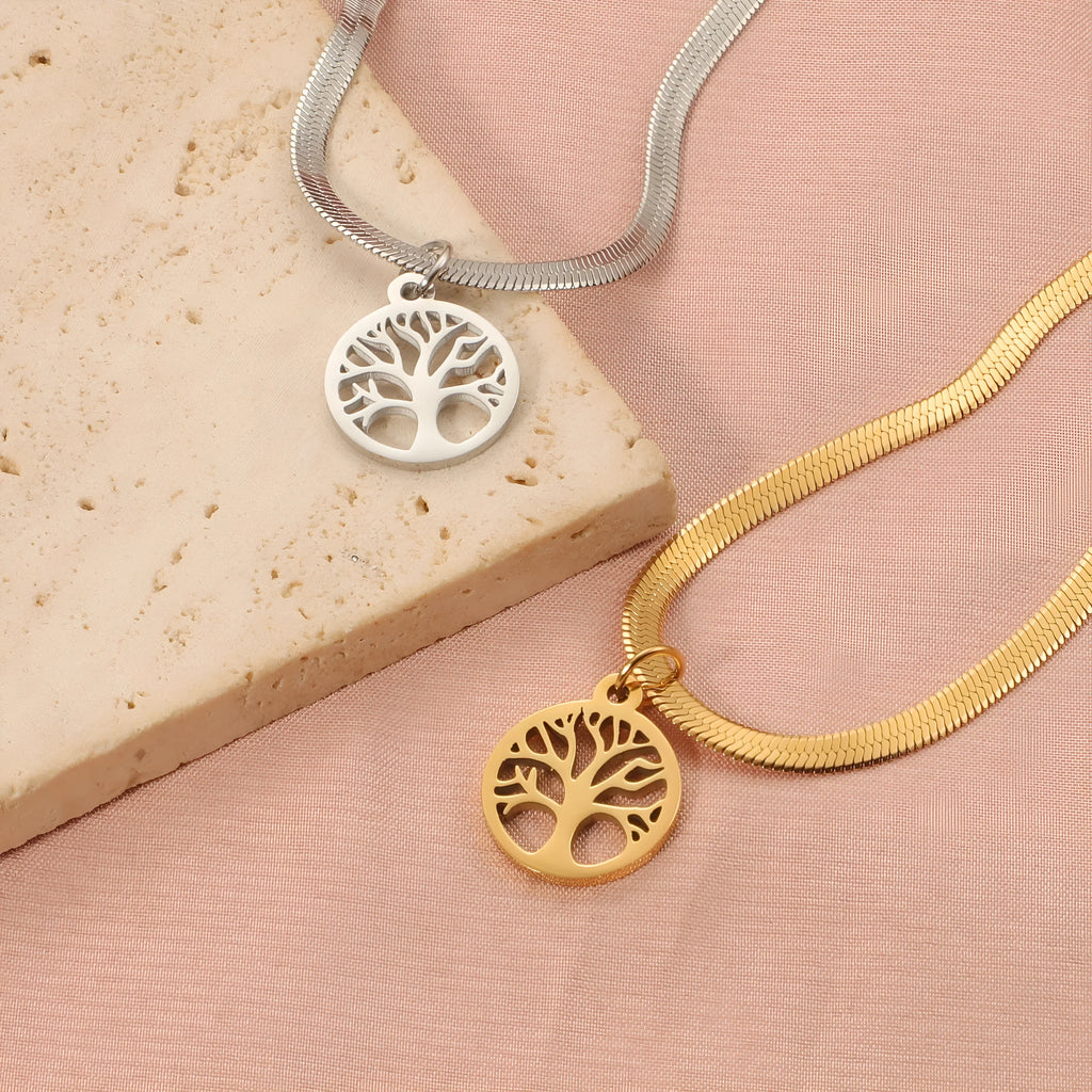 Stainless steel necklace with a U-shaped tree pendant on a snake bones chain.