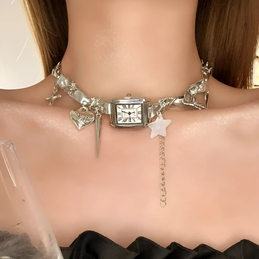 Dark style women's multi-layer cross necklace with twin clavicle chains showing large hemp flower links