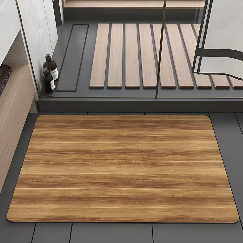 Square diatomite bathroom floor mat with wood grain pattern and non-slip base.
