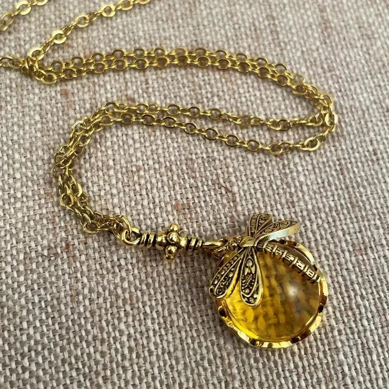 Vintage bronze dragonfly pendant necklace on chain, 925 silver with yellow gold tone finish