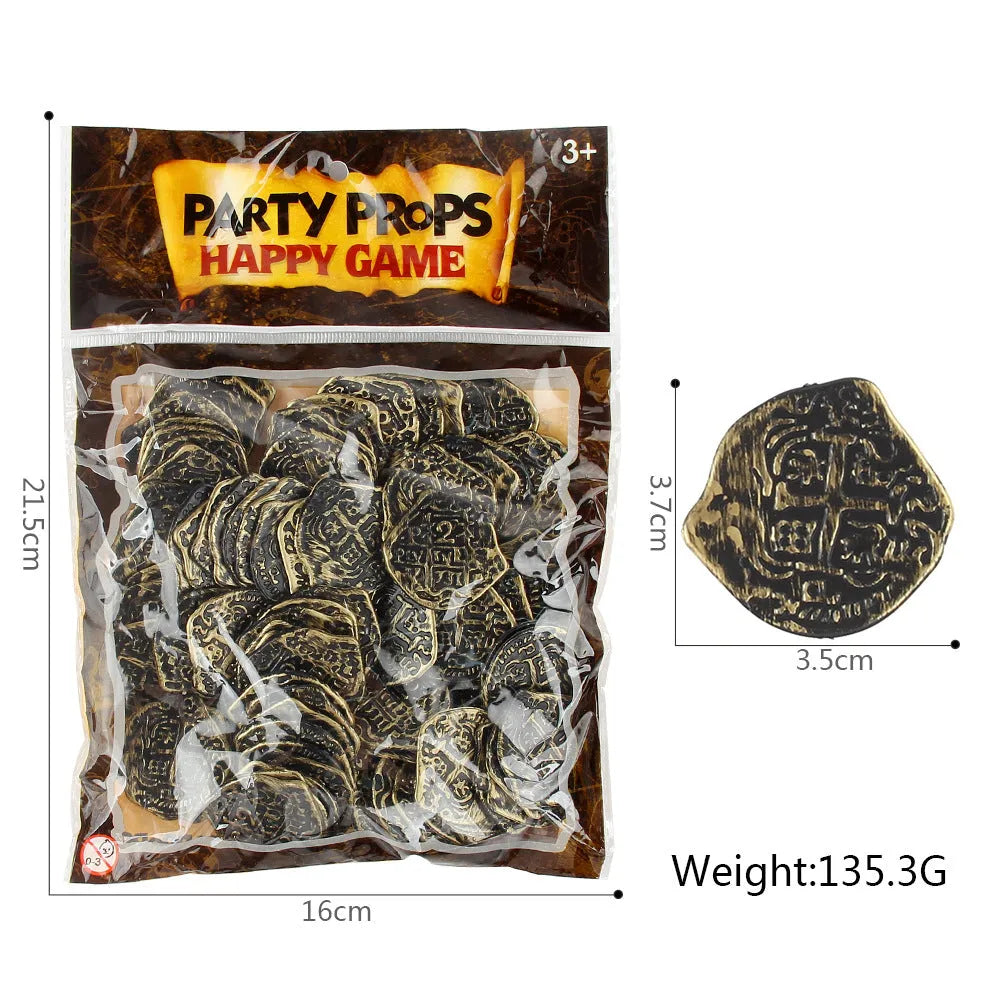 Set of 100 gold, silver, and bronze plastic replica Roman coins for props and crafts.