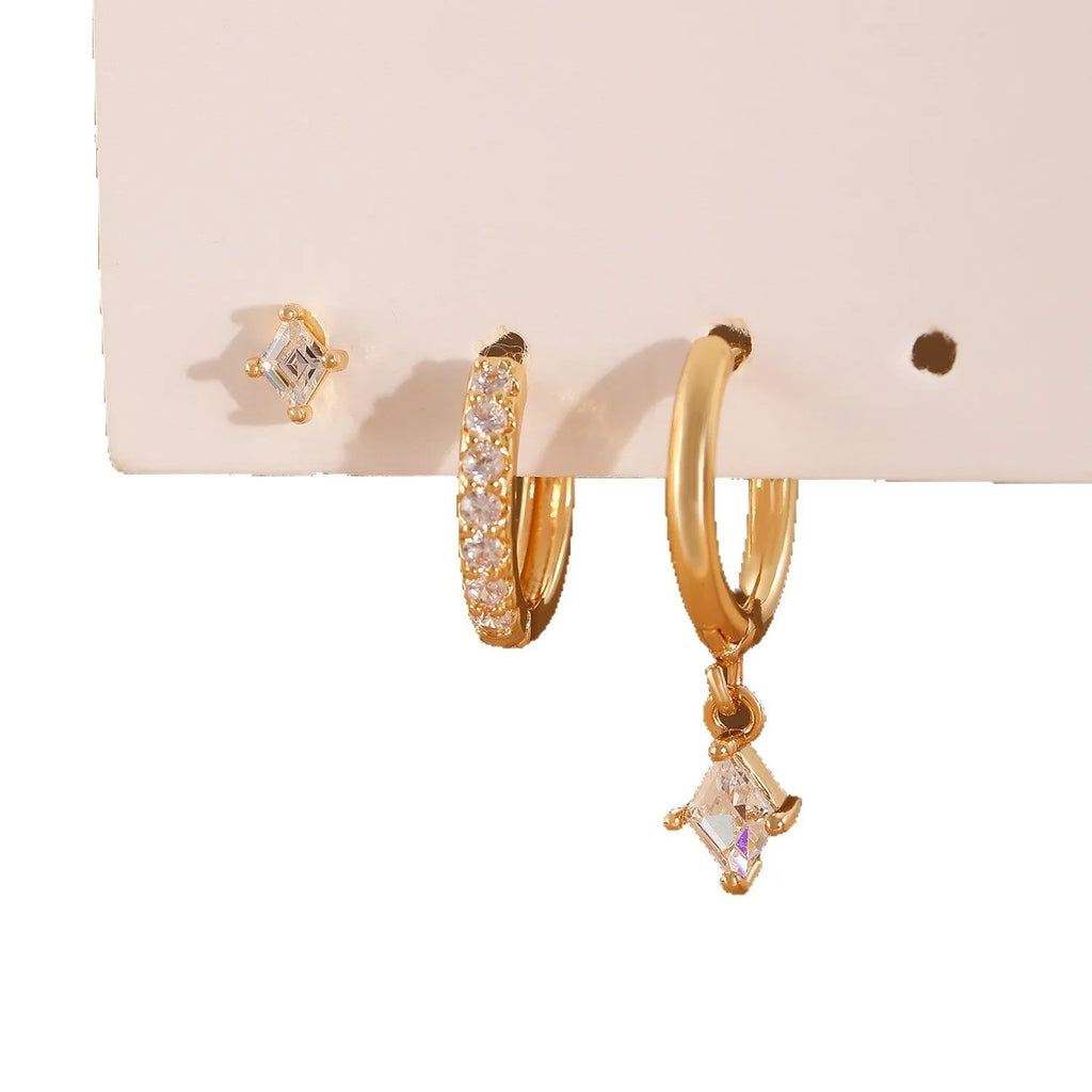 Geometric zircon earring three-piece set showing ear rings, stud earrings, and ear clasps with rhombus patterns