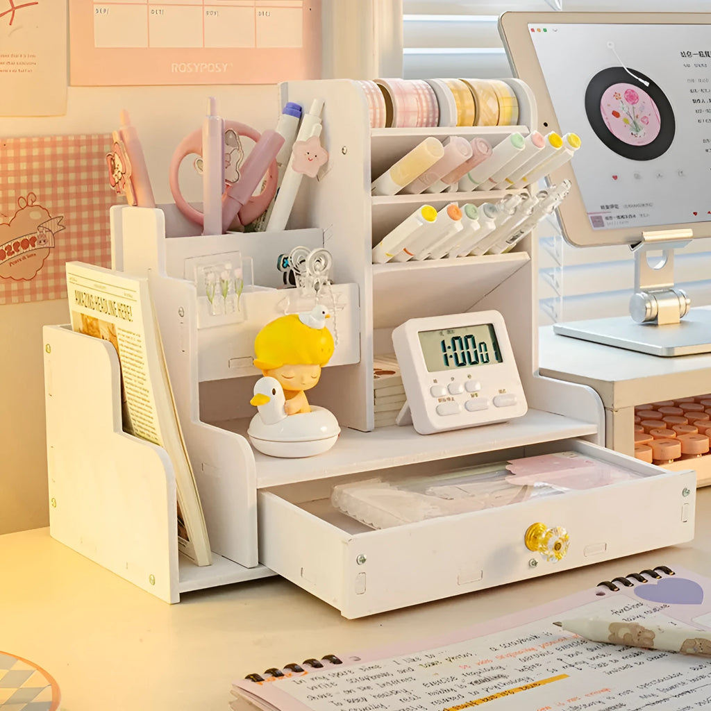 Square plastic oblique insertion pen storage organiser with multiple grid compartments on a desk.