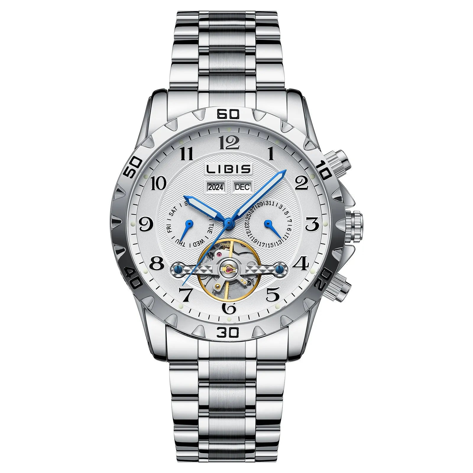 Silver steel automatic perpetual calendar men's watch with sapphire crystal glass