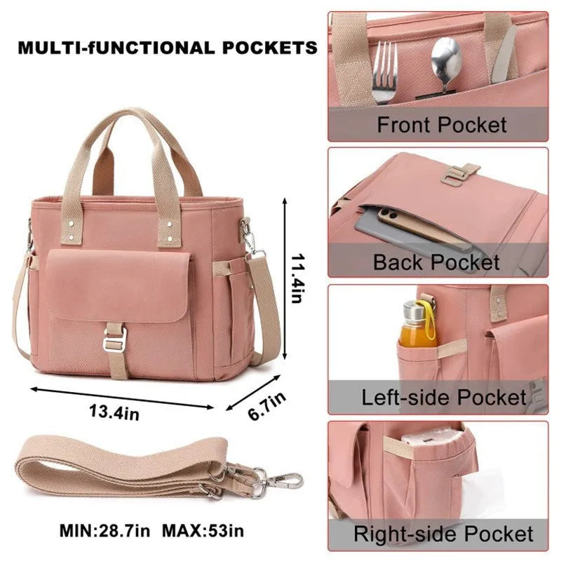 Portable cube style picnic bag with removable shoulder strap and side pocket in Oxford cloth