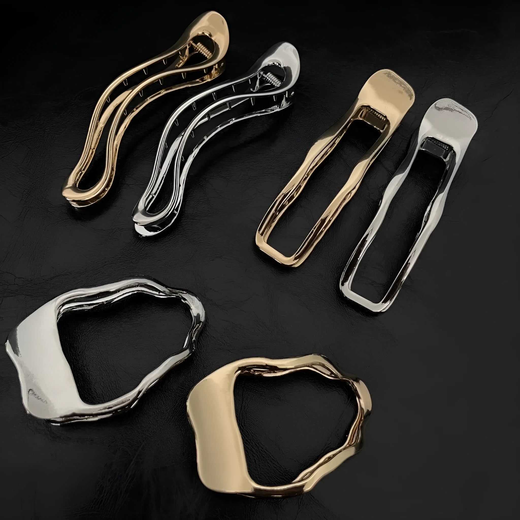 Women's geometric zinc alloy hair barrettes in gold and silver polished finishes