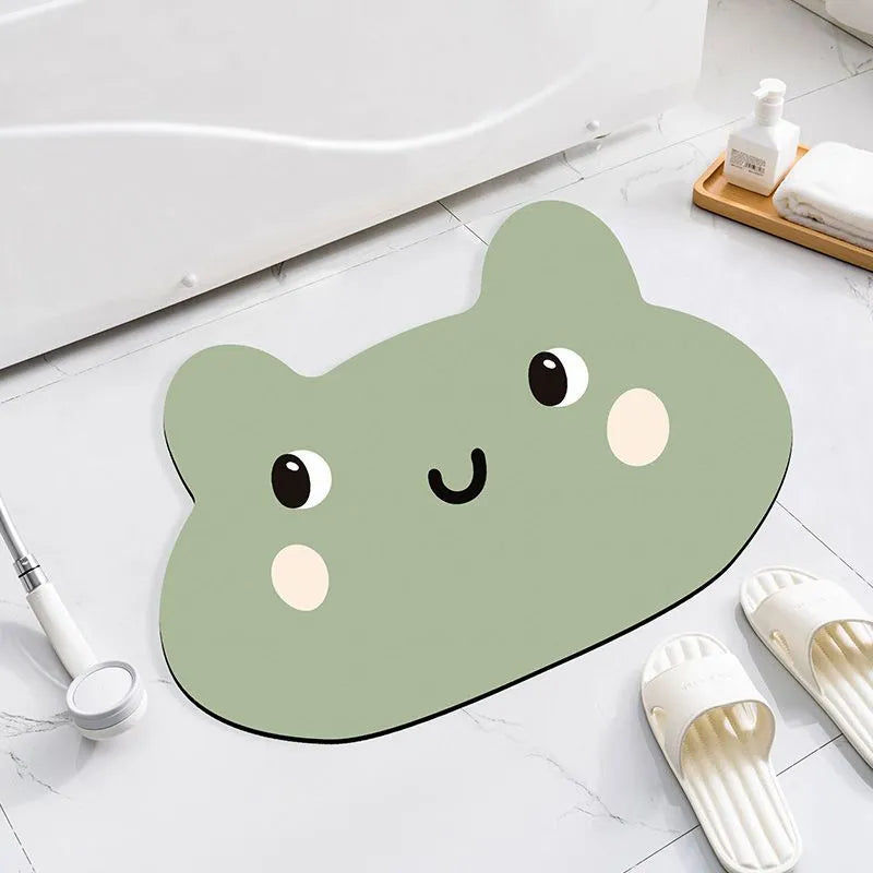 Diatomite absorbent bathroom mat with cartoon animal design in one of three available sizes