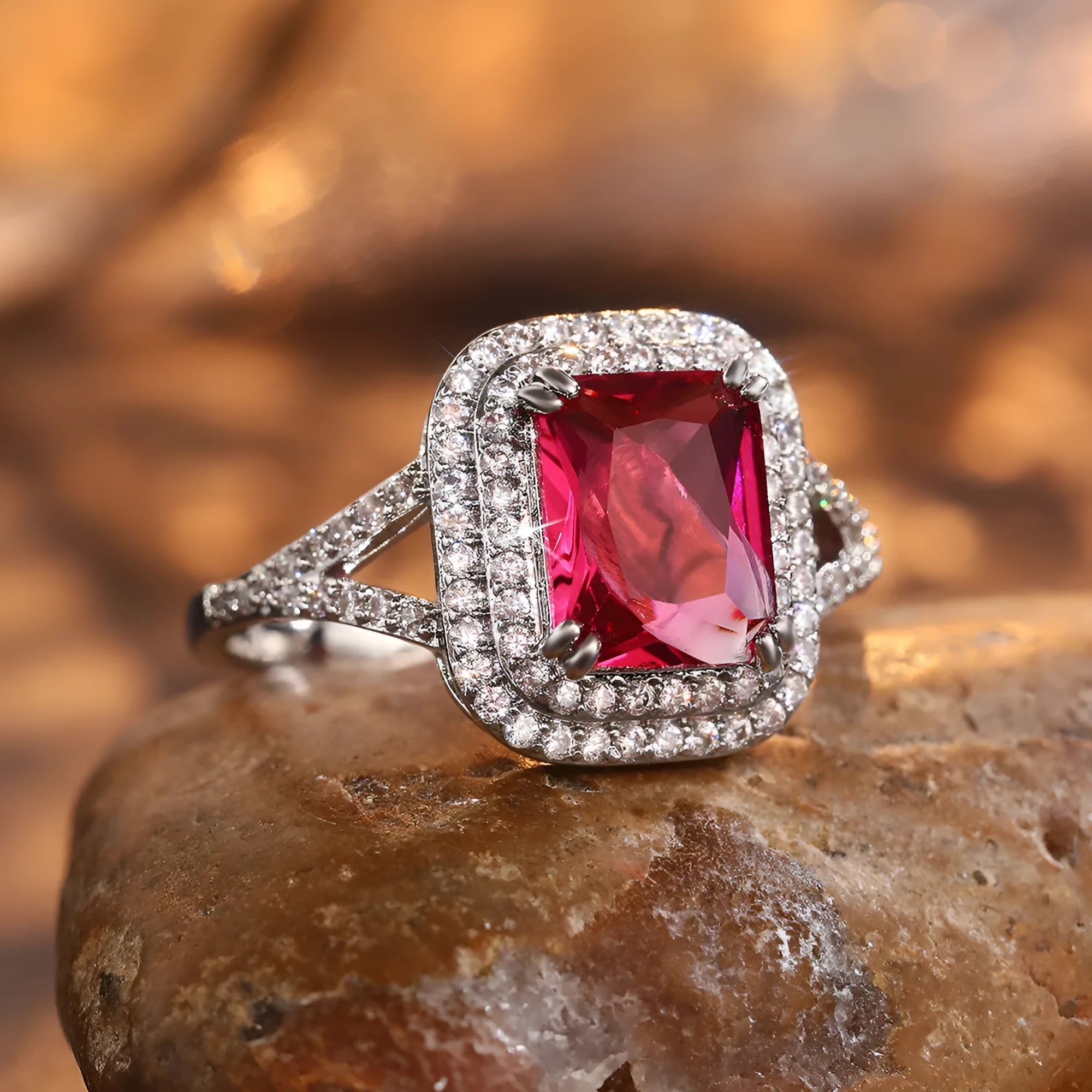 Copper geometric square ring with red rhinestones in princess design for women