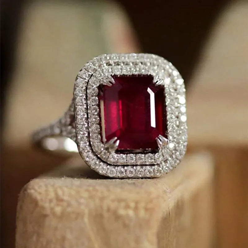 Copper geometric square ring with red rhinestones in princess design for women