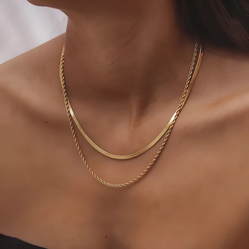 Retro double layer twist necklace with geometric titanium steel pendant on an adjustable snake chain.