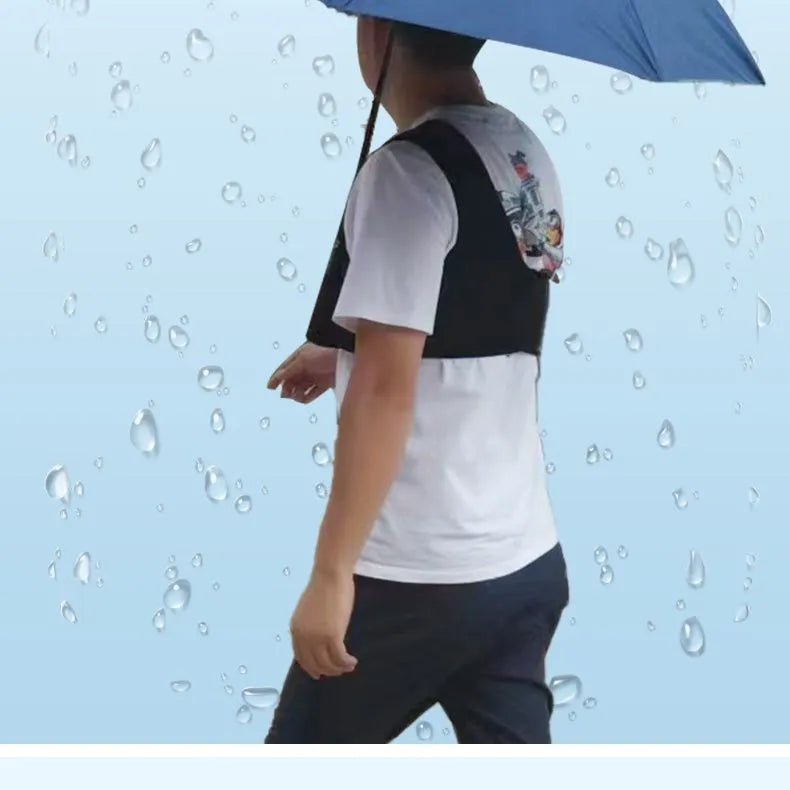 Black portable umbrella holder with fixed shoulder strap for hands-free use, made from diving cloth.