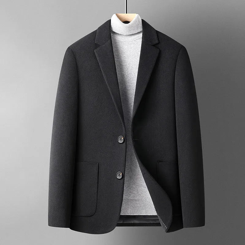 Men's slim fit wool blend suit jacket in grey, shown on a model.