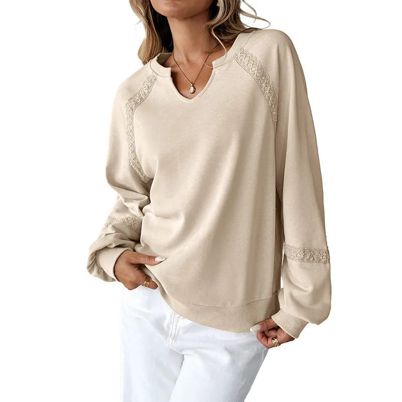 Women's half-open collar sweater with stitching lace detail in solid colour with long sleeves