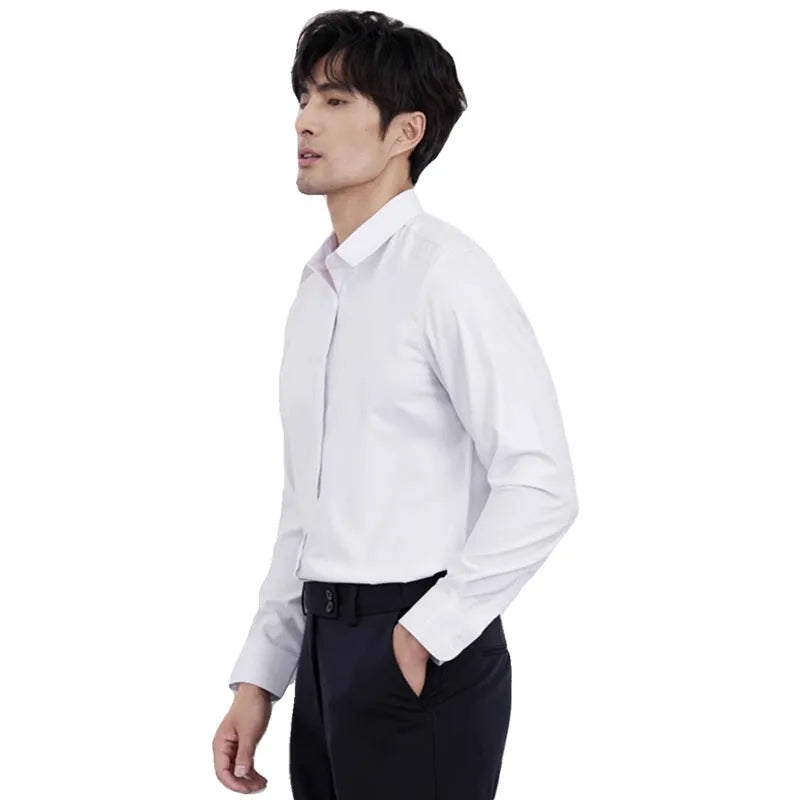 Men's wine red slim fit long sleeve shirt on a hanger, non-iron polyester fabric.
