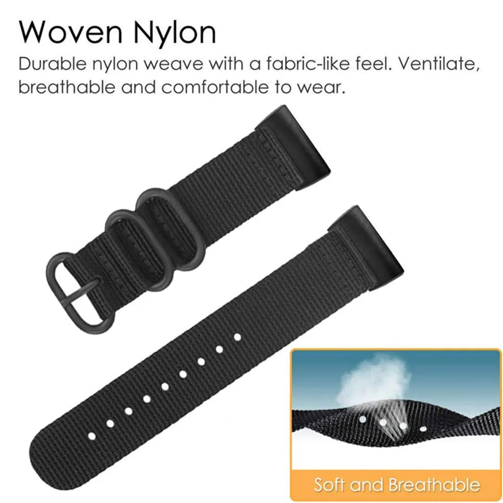 Nylon three-ring buckle replacement strap for Fitbit Charge 2, 3, 4, 5 fitness trackers in multiple colours.