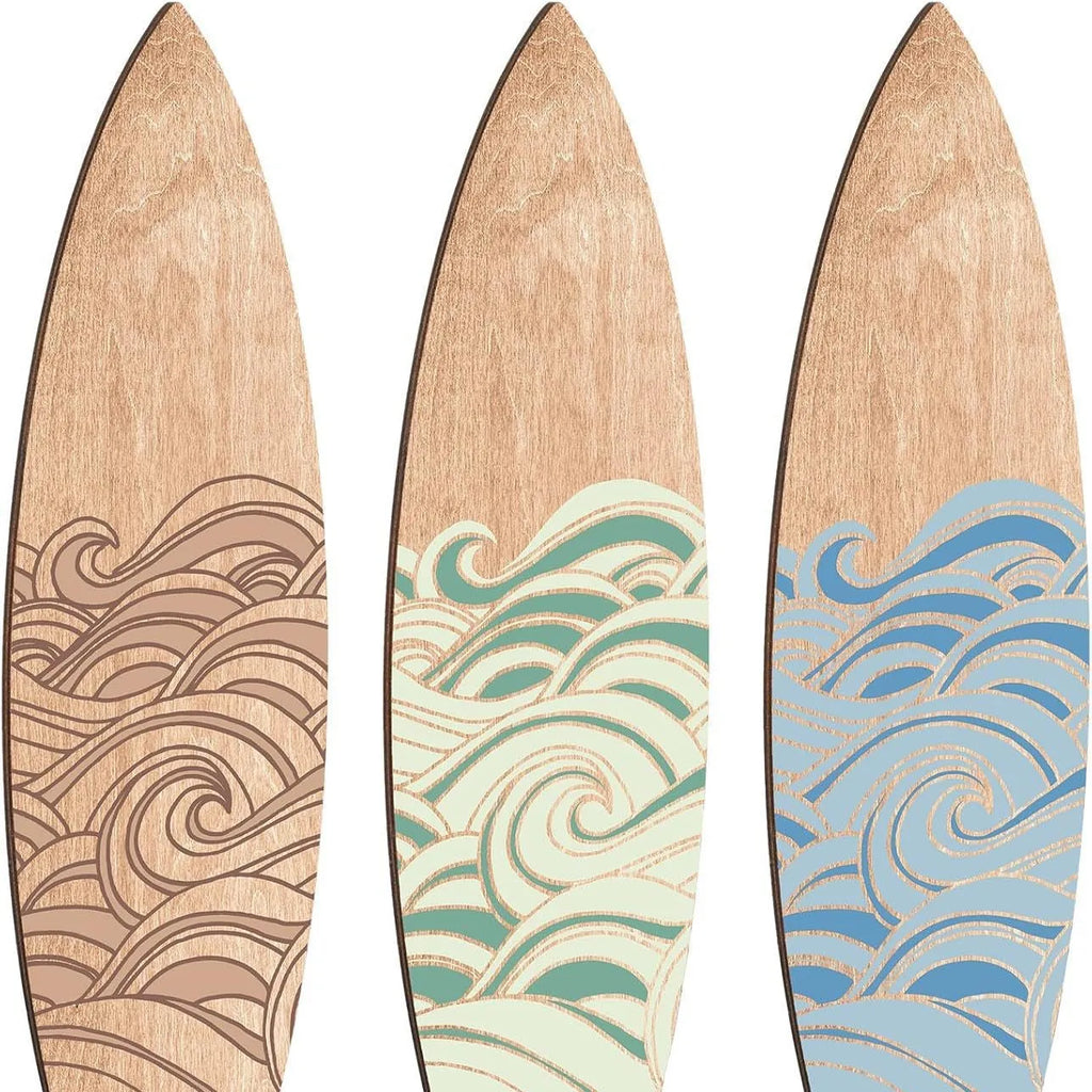 Three identical wooden surfboard wall decorations made from boxwood with European style design