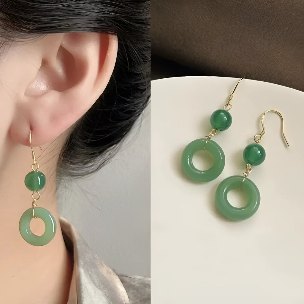 Geometric Chinese peace buckle earrings with green jade design on zinc alloy