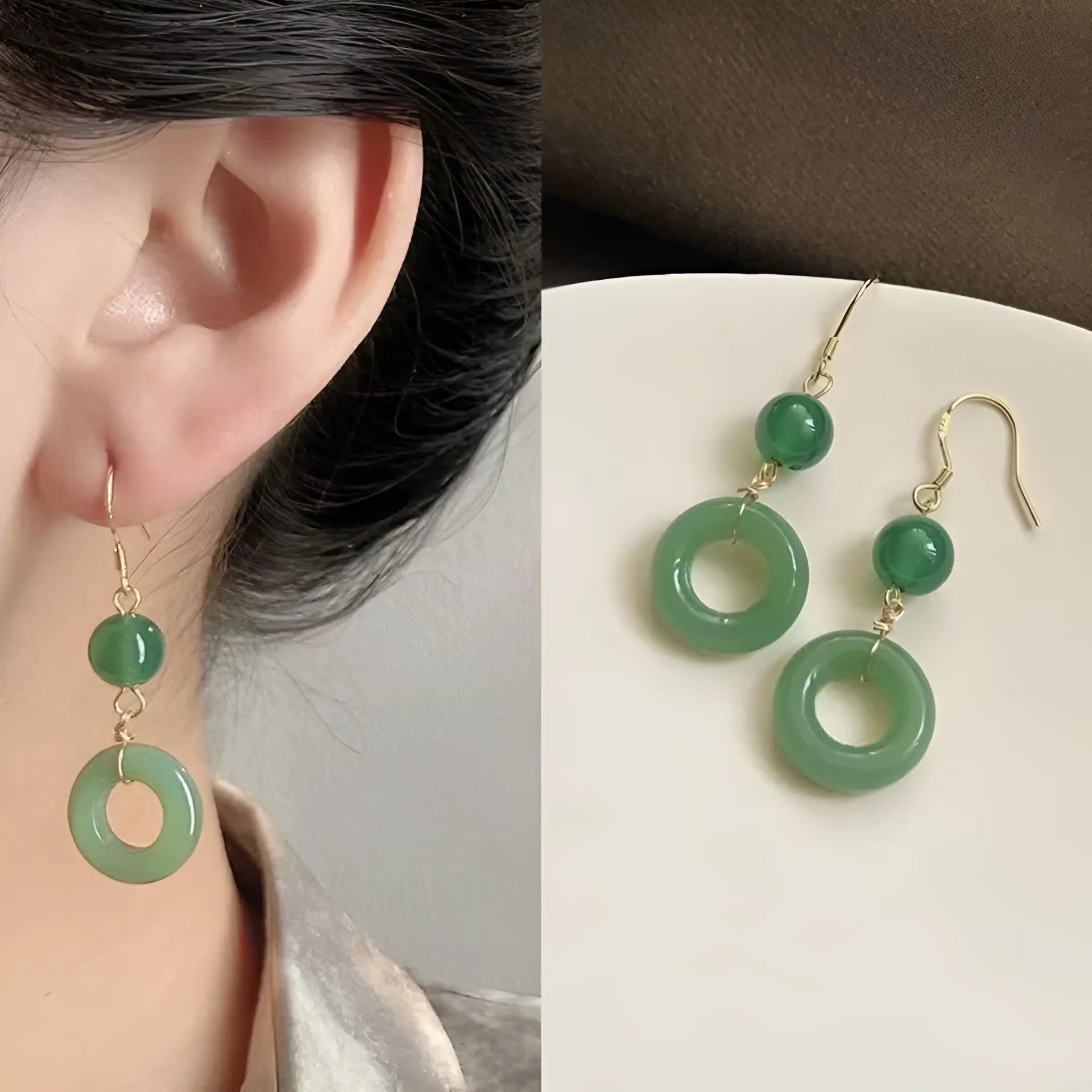 Geometric Chinese peace buckle earrings with green jade design on zinc alloy
