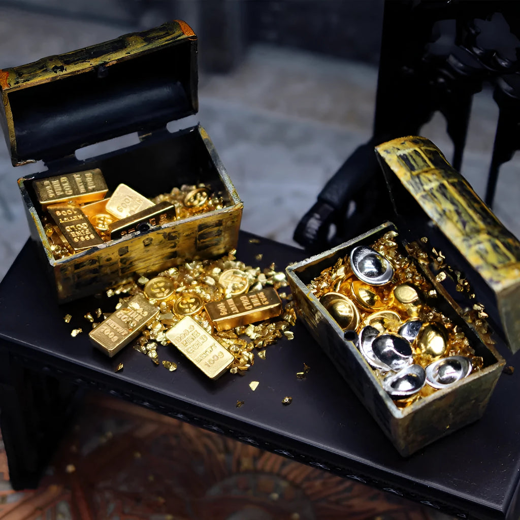 Alloy metal doll house accessories gold coin treasure box miniature ornaments with gold bar combinations