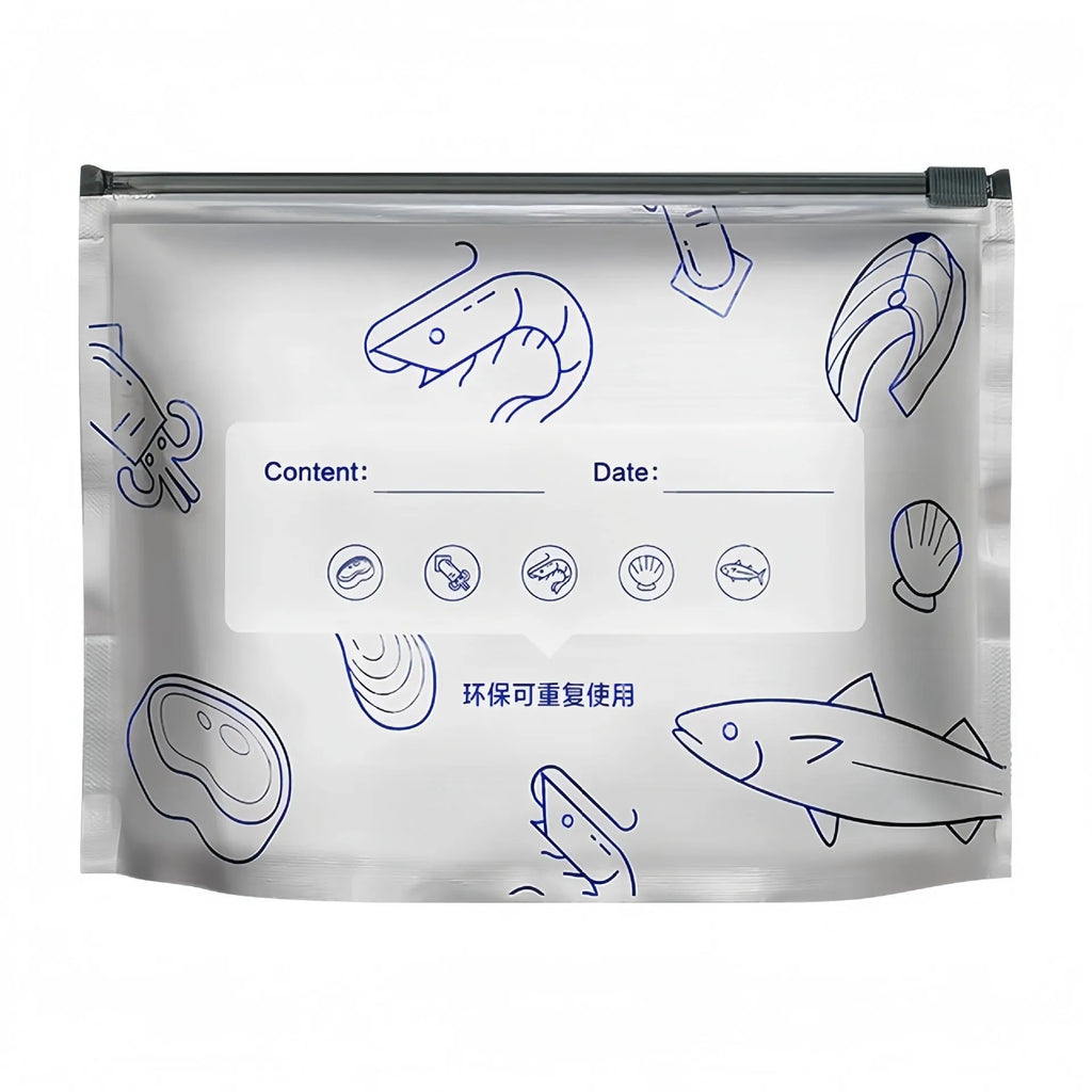Set of reusable aluminium foil fresh-keeping bags with sealing function in three different sizes.