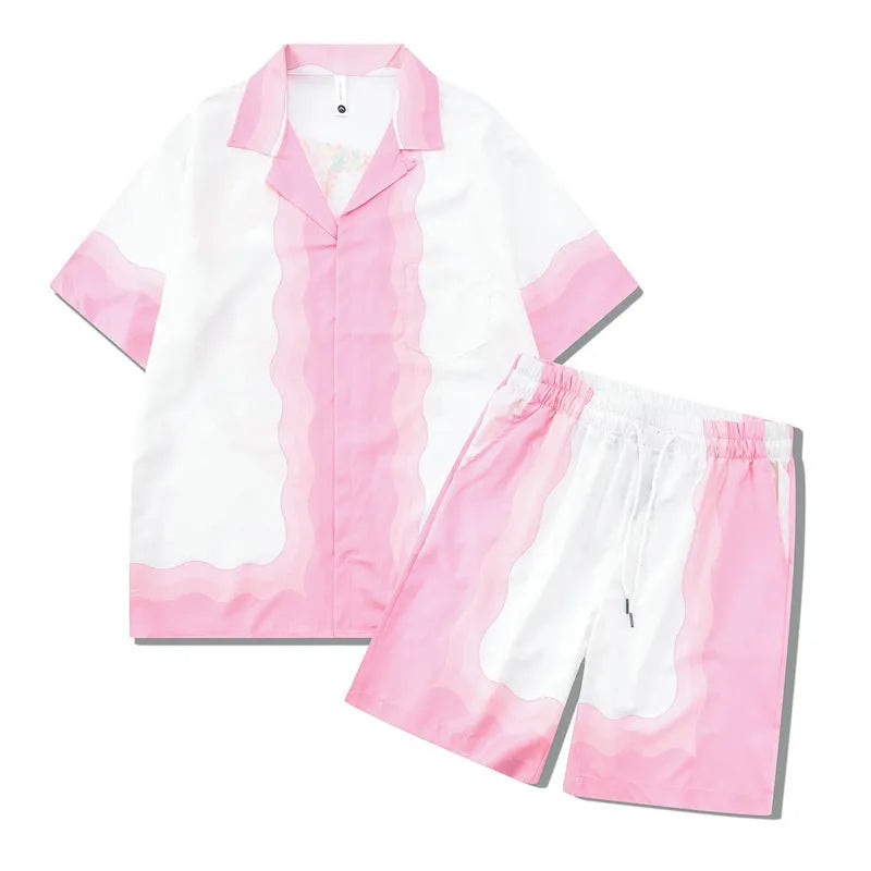 Plaid pattern beach shirt and trousers outfit set in polyester fabric