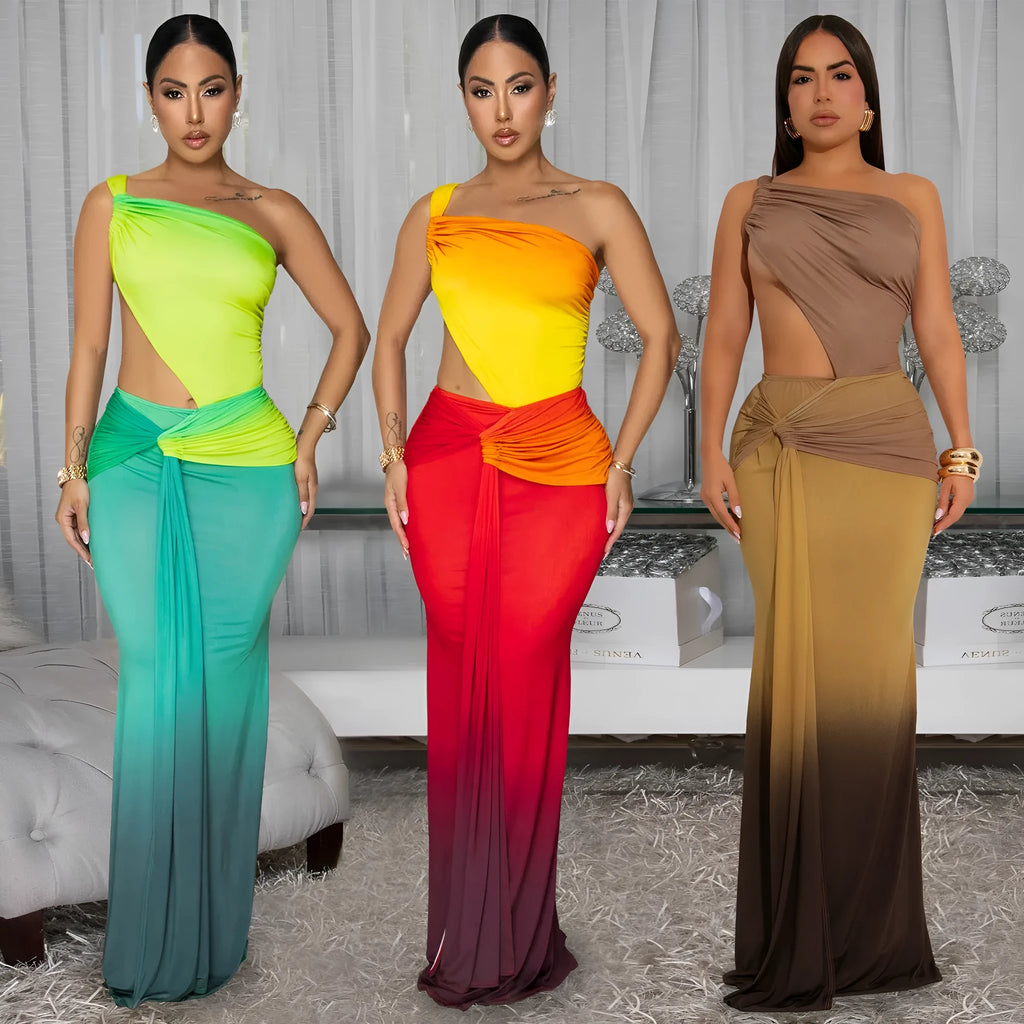 Women's gradient colour summer dress with cross-shoulder design and high-waisted long skirt.
