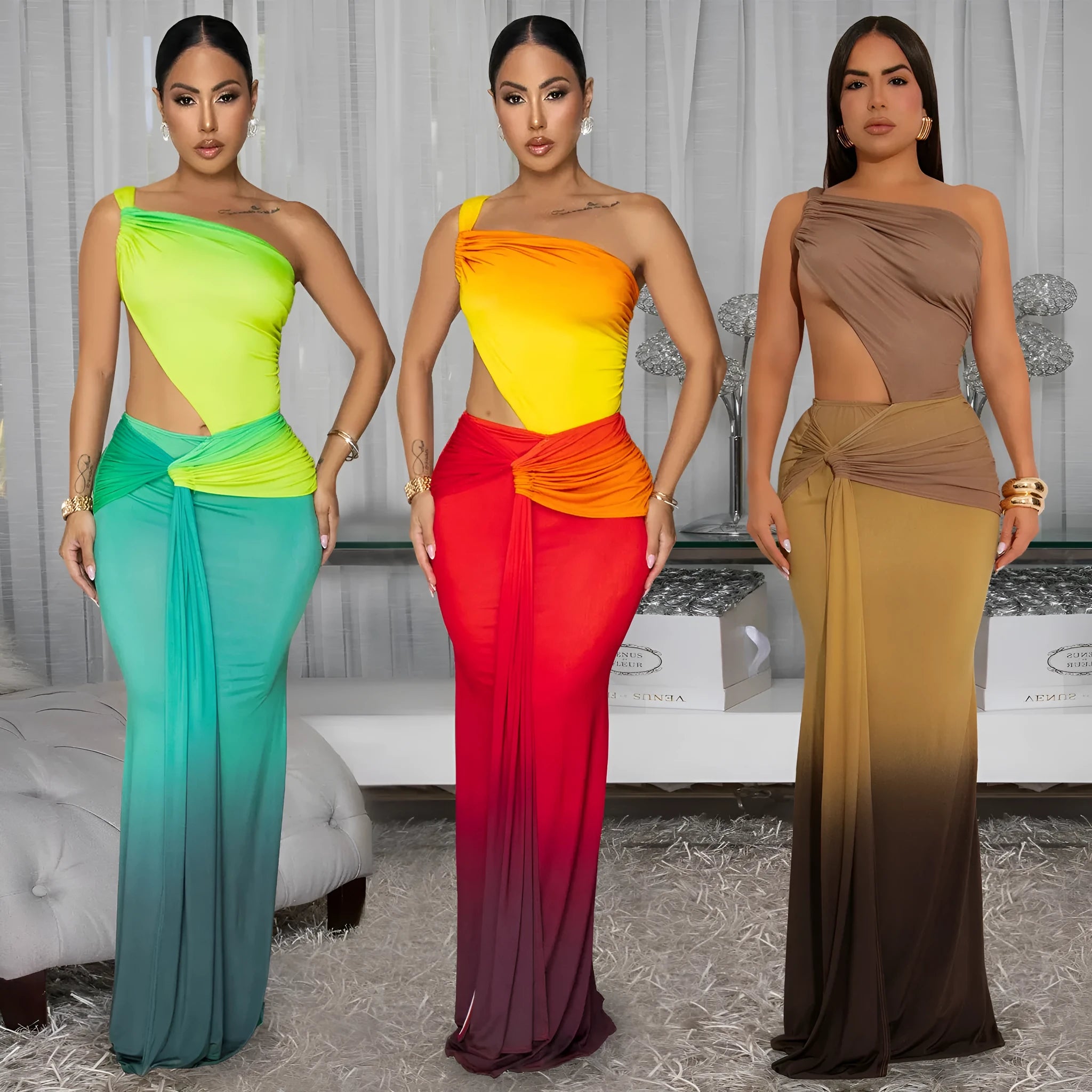 Women's gradient colour summer dress with cross-shoulder design and high-waisted long skirt.