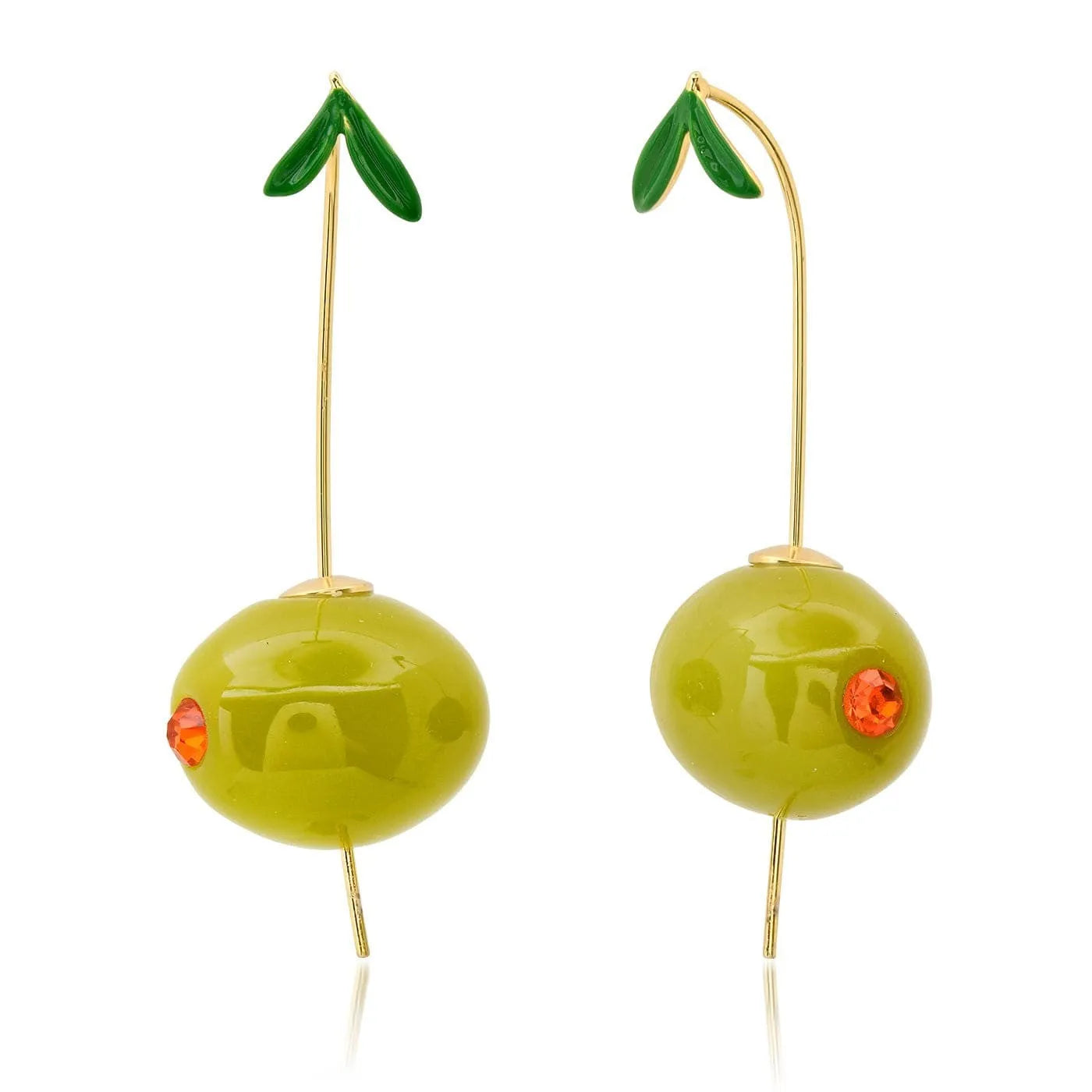 Gold plated copper earrings with fruit and vegetable designs including grape, cherry, lemon, carrot, peach, and orange elements