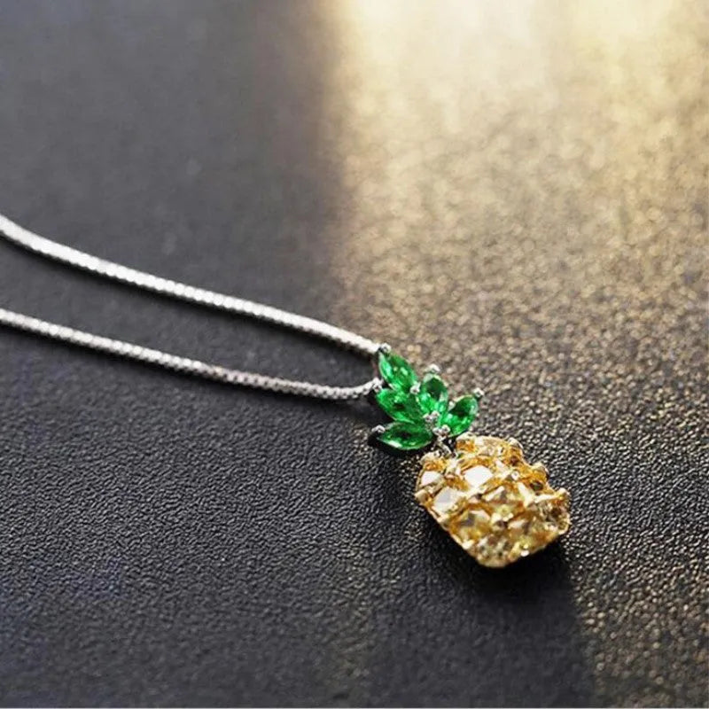Korean women's necklace with geometric pineapple diamond pendant in silver finish