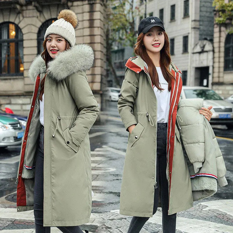 Women's long cotton-padded fleece trench coat in bean green colour with two-way zip and extended 100cm length