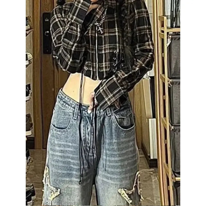 Blue women's high-waist straight-leg jeans with micro elastic denim fabric