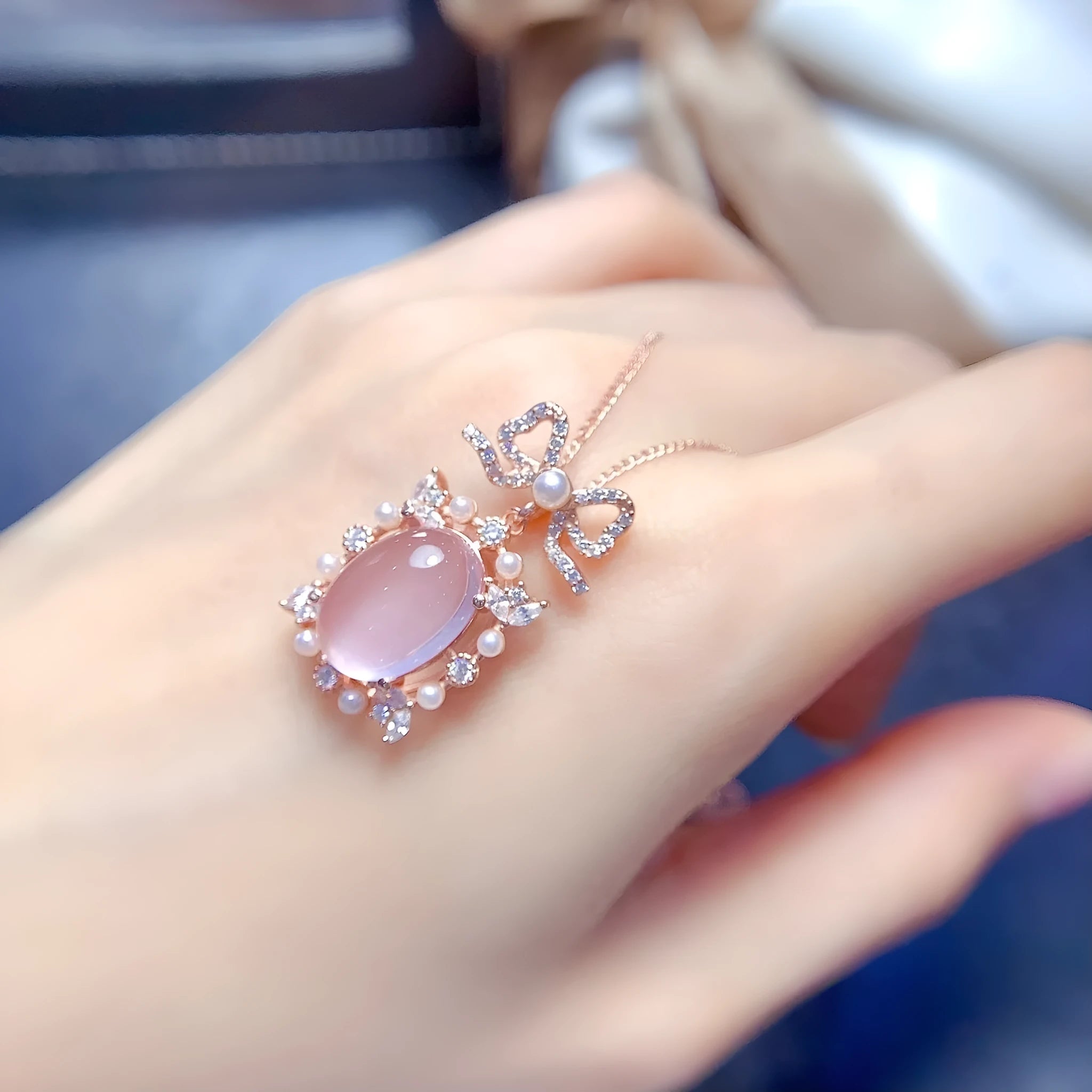 Geometric rose quartz pendant on 925 sterling silver chain with rose gold plating accents