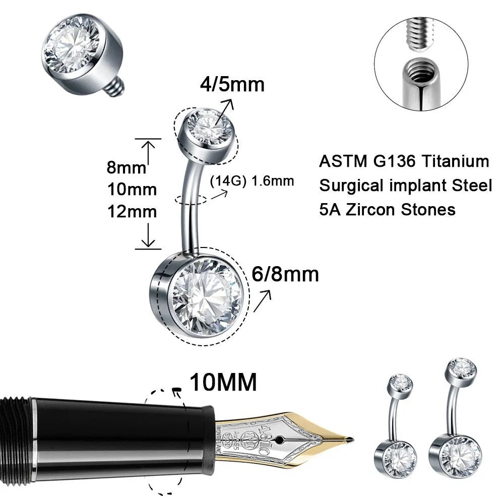 Titanium alloy navel piercing stud with double-headed zircon stones in various colours
