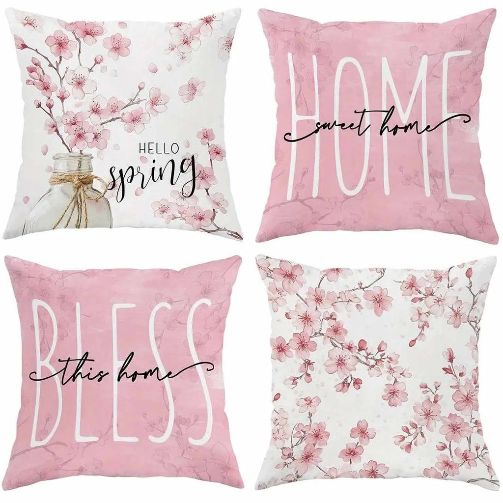 Square 45cm cherry blossom and letter print cushion cover in short velvet fabric.