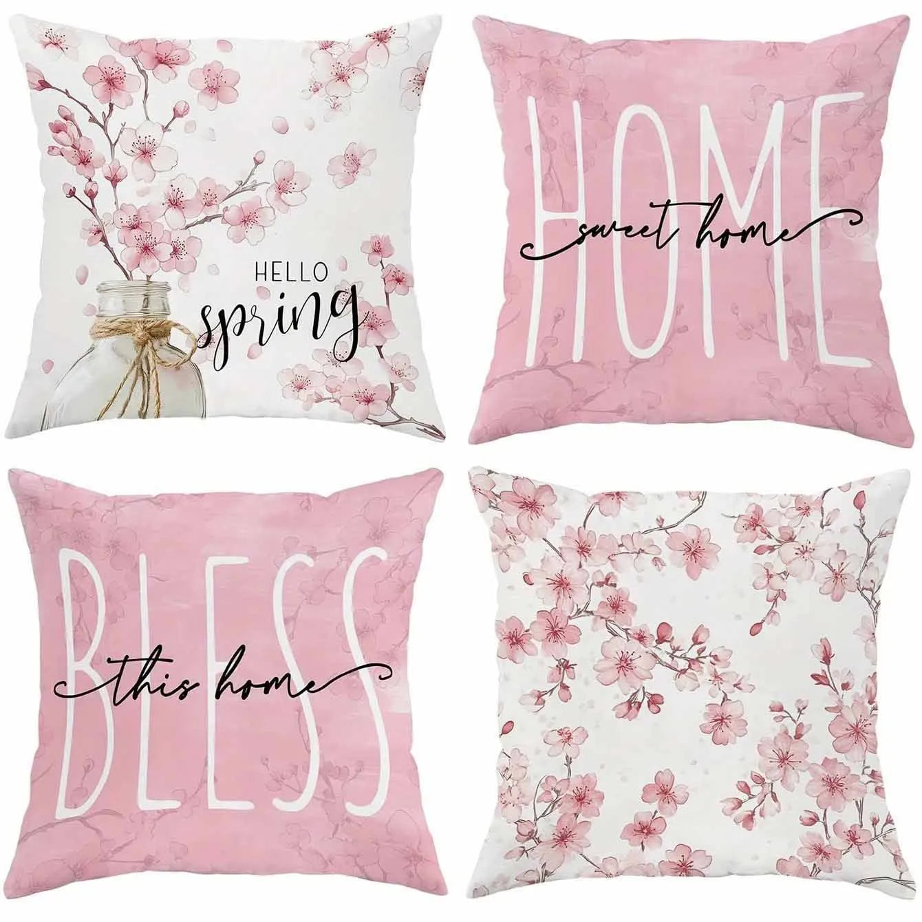 Square 45cm cherry blossom and letter print cushion cover in short velvet fabric.