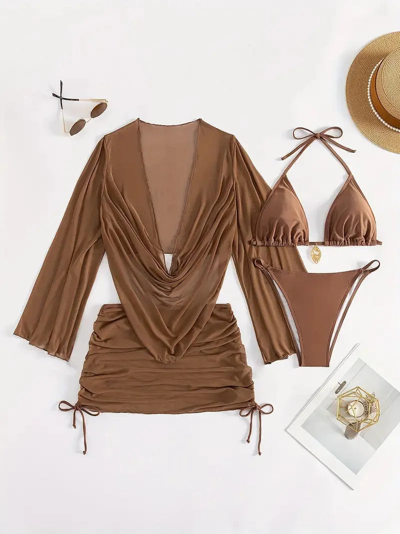 Dark brown or black women's lace-up bikini swimsuit set with backless design