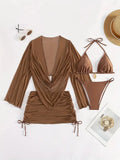 Dark brown or black women's lace-up bikini swimsuit set with backless design