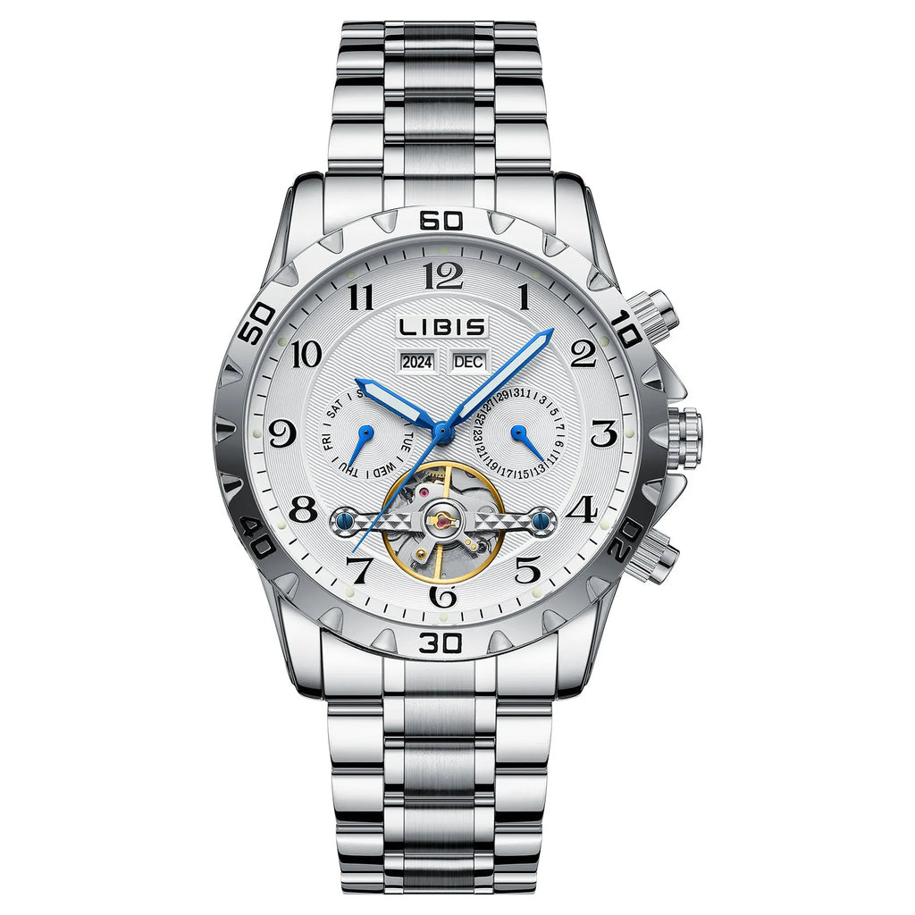 Silver steel automatic perpetual calendar men's watch with sapphire crystal glass