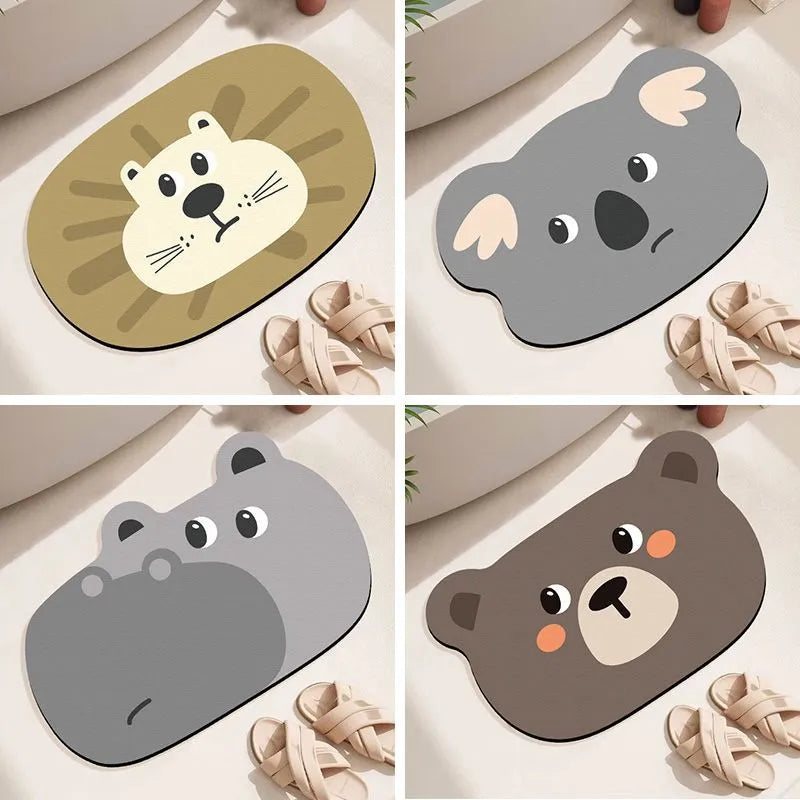 Diatomite absorbent bathroom mat with cartoon animal design in one of three available sizes