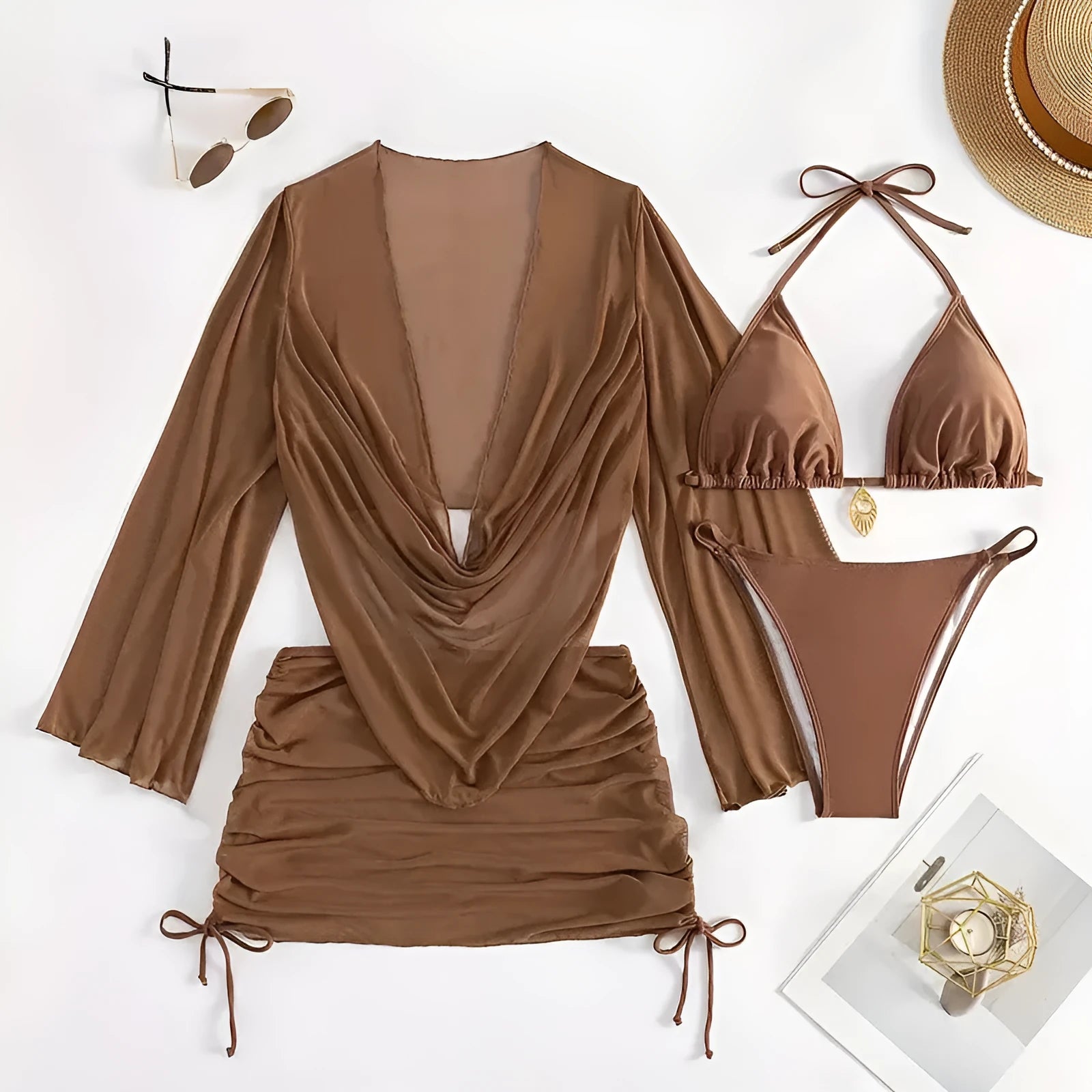 Dark brown or black women's lace-up bikini swimsuit set with backless design