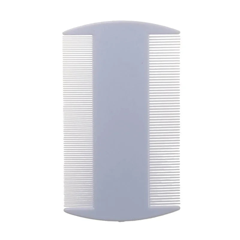 Double-sided plastic flea and lice comb with fine metal teeth, shown in assorted colours.