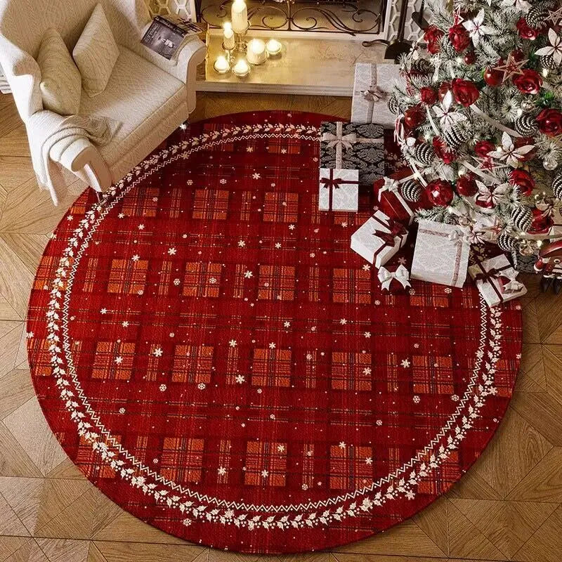 Red round Christmas carpet with velvet texture and non-slip backing in various diameter sizes
