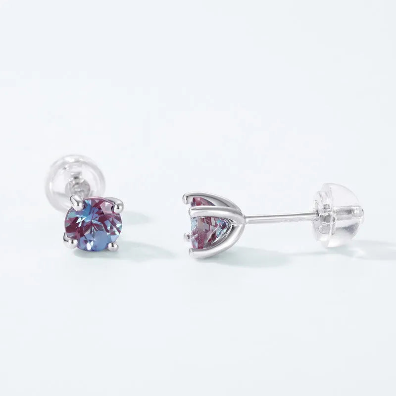 925 sterling silver ear studs with round cultivated Alexandrite stone in geometric setting.