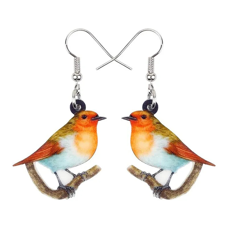 Acrylic Blue Titmouse pendant earrings with geometric bird design and snake elements