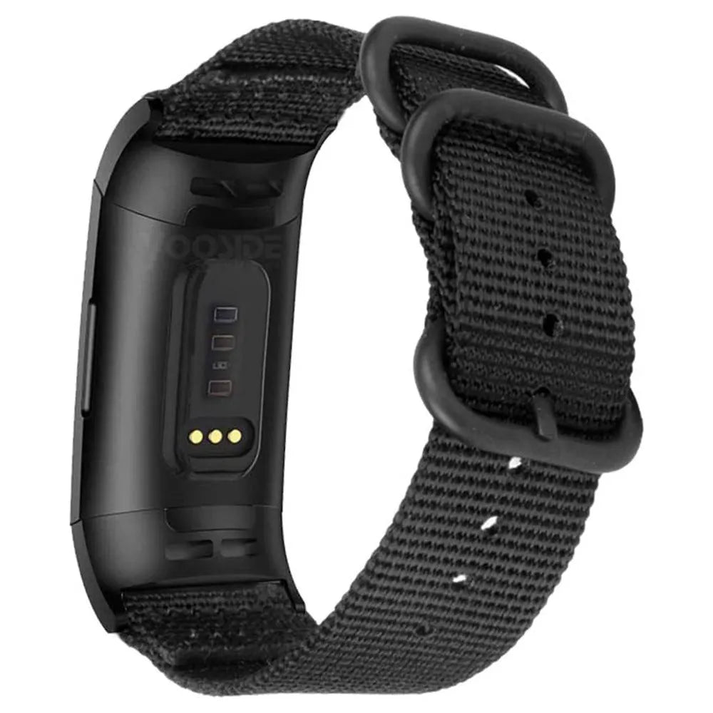 Nylon three-ring buckle replacement strap for Fitbit Charge 2, 3, 4, 5 fitness trackers in multiple colours.