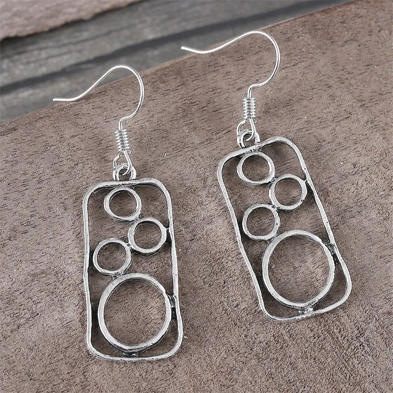 Geometric round ring earrings with irregular square design in antique silver zinc alloy
