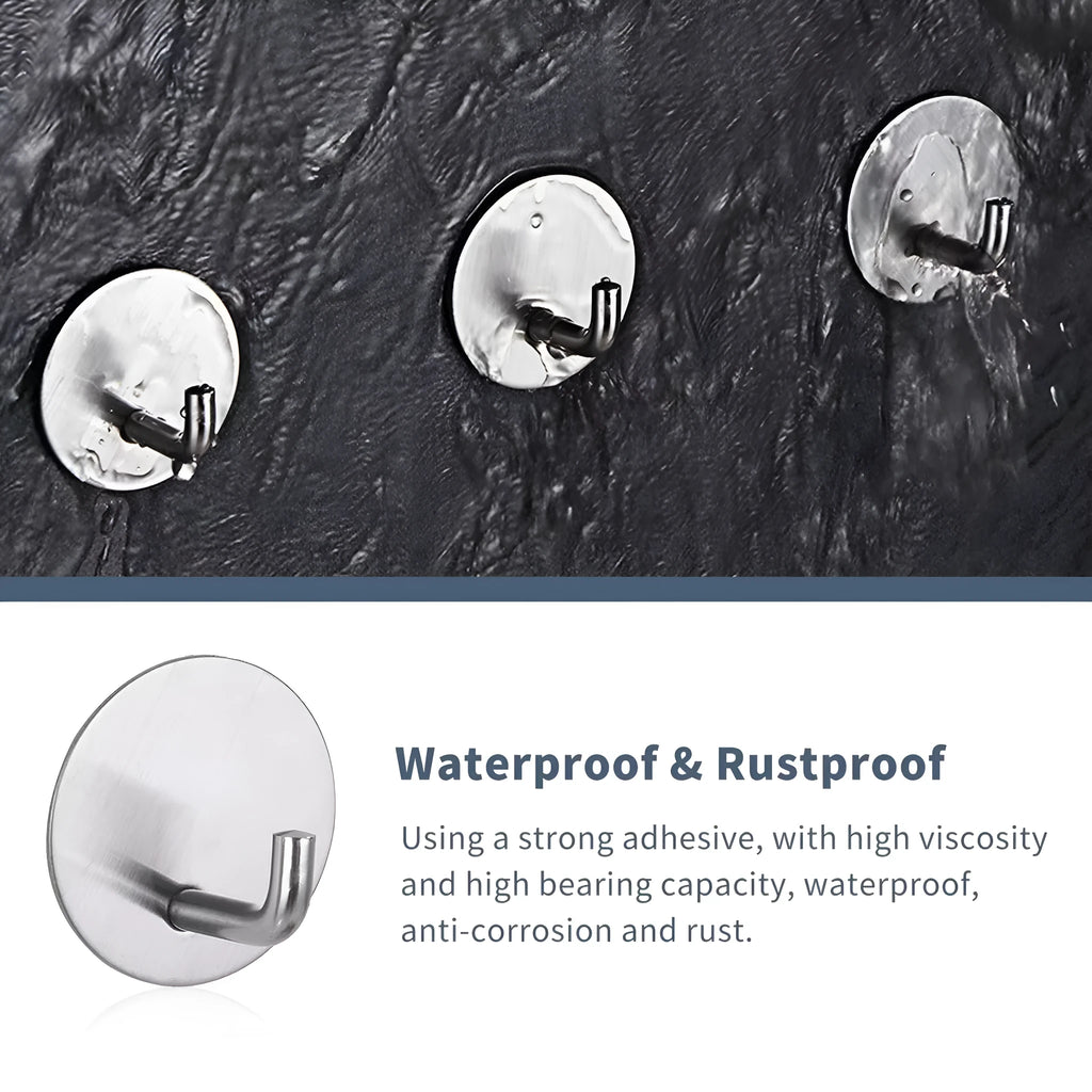 Stainless steel self-adhesive wall hook with rounded luggage hook design.