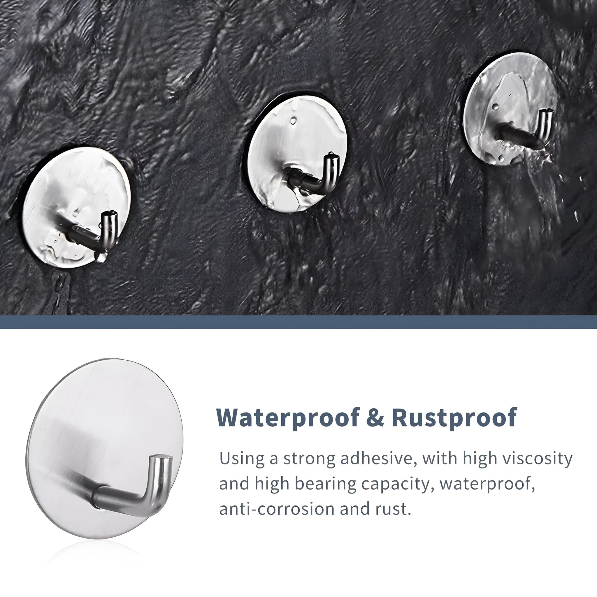 Stainless steel self-adhesive wall hook with rounded luggage hook design.
