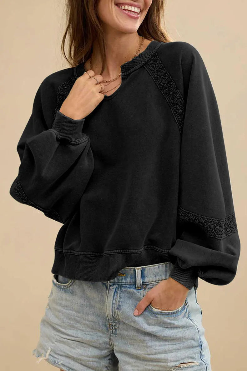 Women's half-open collar sweater with stitching lace detail in solid colour with long sleeves