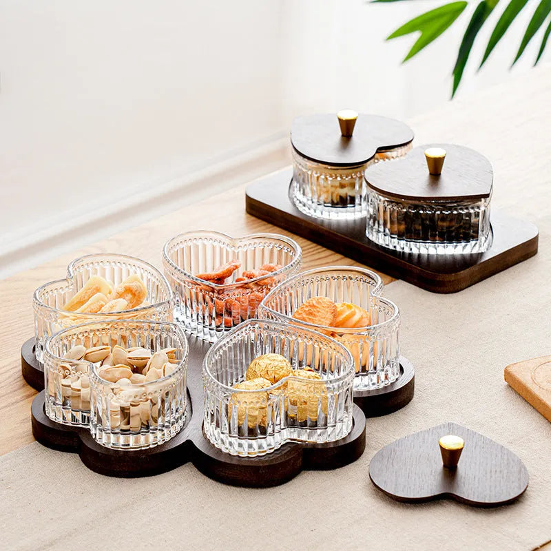 Glass snack platter with heart-shaped bowl lid compartments in mild luxury retro style